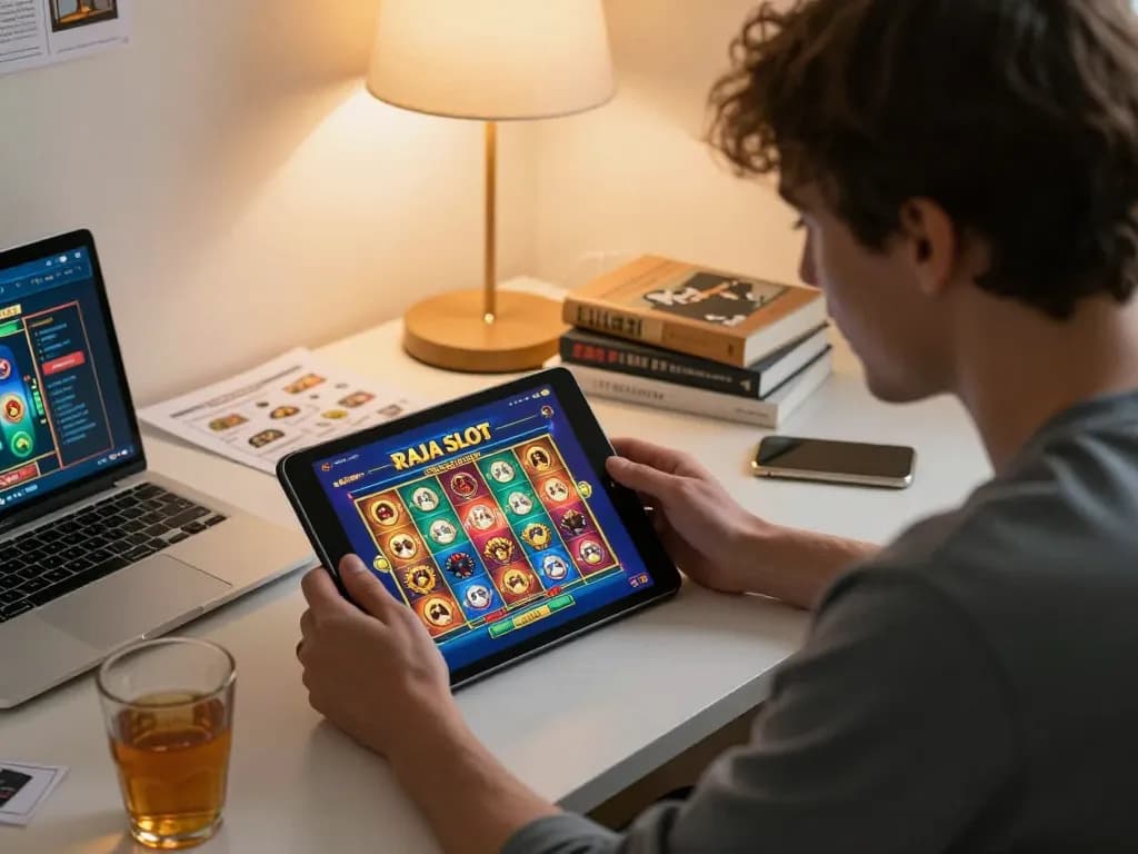 Engaged player navigating the RAJA SLOT interface on their tablet at home, enhancing strategic gameplay.