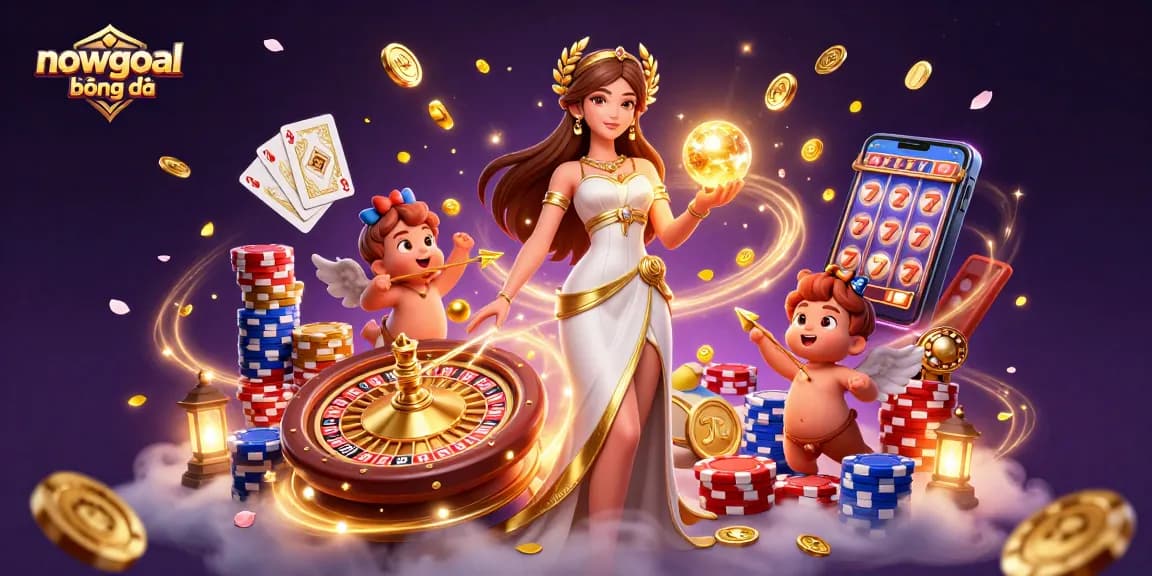 Bet on nowgoal bóng đá with vibrant casino elements and a dynamic illustration featuring a Grecian goddess.