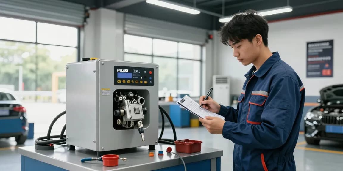 Tecnico che utilizza sistemi di trasferimento carburante Piusi in un garage moderno.