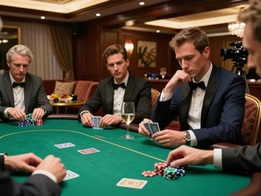 Thrilling high-stakes poker game at trang chủ F168 with players focused on their hands and chips.