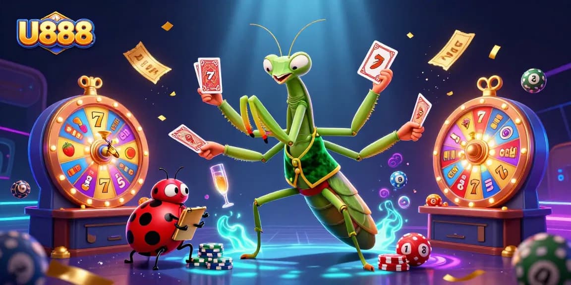 Experience thrill with U888's vibrant cartoon casino scene featuring dynamic card games and colorful slot elements.