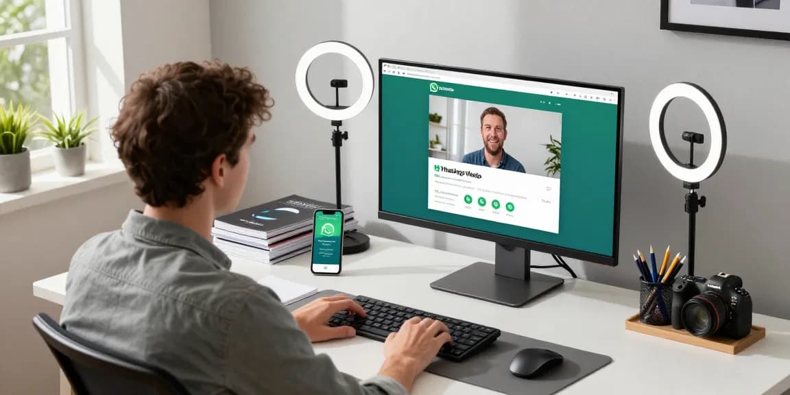 Engaged user utilizing WhatsApp網頁版 on a modern workspace with tech ambiance and clear communication setup.