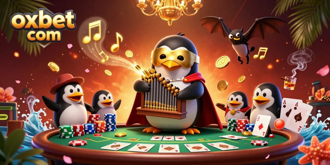 Experience the thrill at oxbet com with a vibrant 3D casino illustration of penguins and poker action.