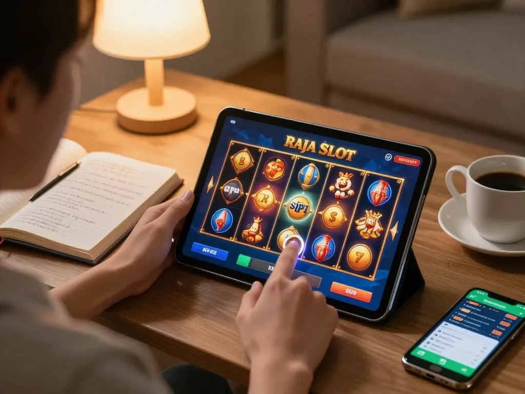 Pemain yang terlibat menikmati permainan raja slot online di tablet, dengan catatan strategi dan suasana yang nyaman.