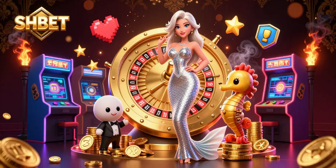 Experience SHBET excitement with a stunning woman beside a golden roulette wheel, in a vibrant casino scene.