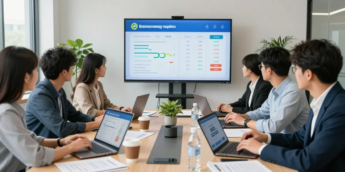 Team analyzing big 6 energy suppliers comparison data in modern office.