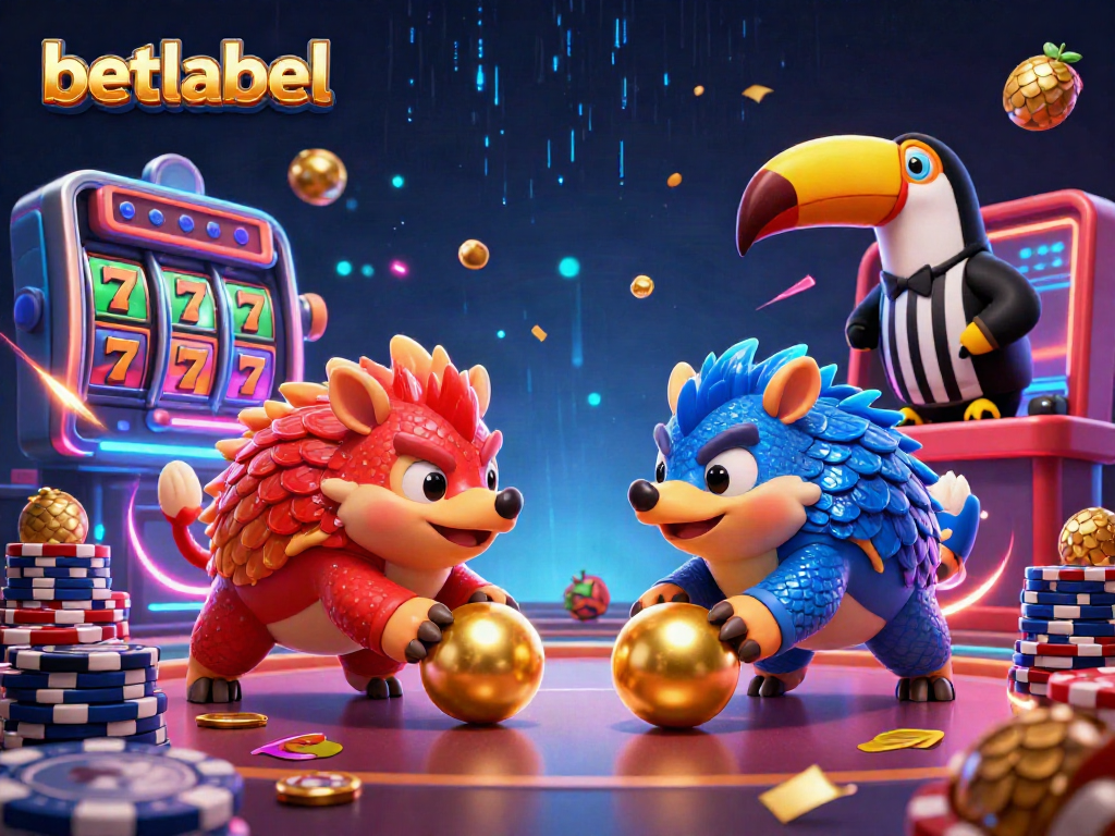 Engage with betlabel's thrilling casino experience featuring vibrant pangolins, poker chips, and slot reels.