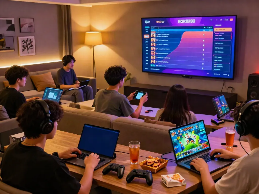 Engaging gaming scene on ROKOK88 platform with players using various devices.
