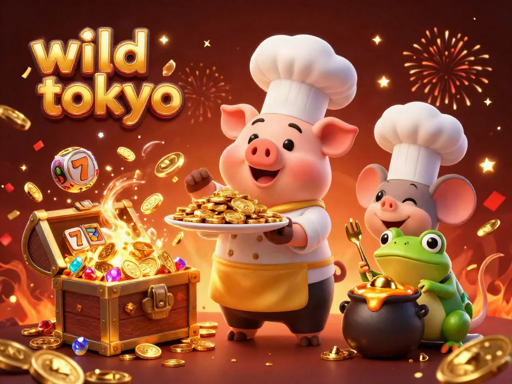 Experience wild tokyo's casino excitement with the chef pig serving coins in a vibrant 3D scene.