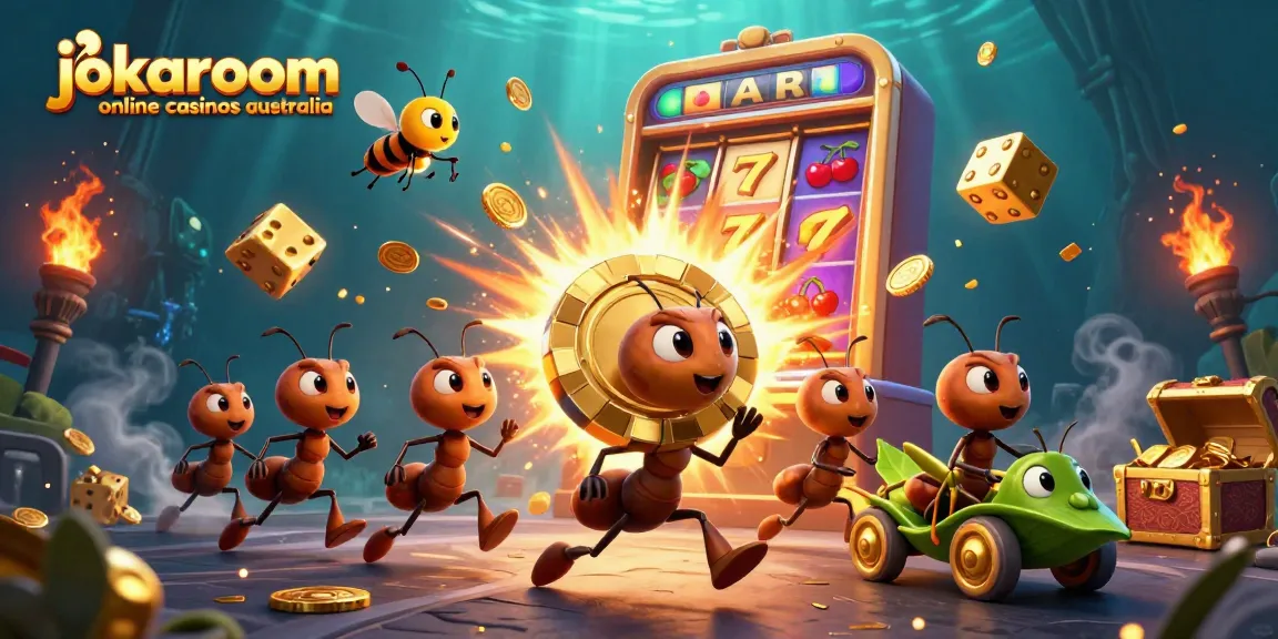 Exciting scene of jokaroom online casinos australia portrayed with ants stealing a giant poker chip amidst casino symbols and treasures.