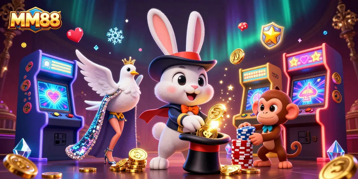 MM88 showcases a magical scene with slots and animated characters collecting winnings.
