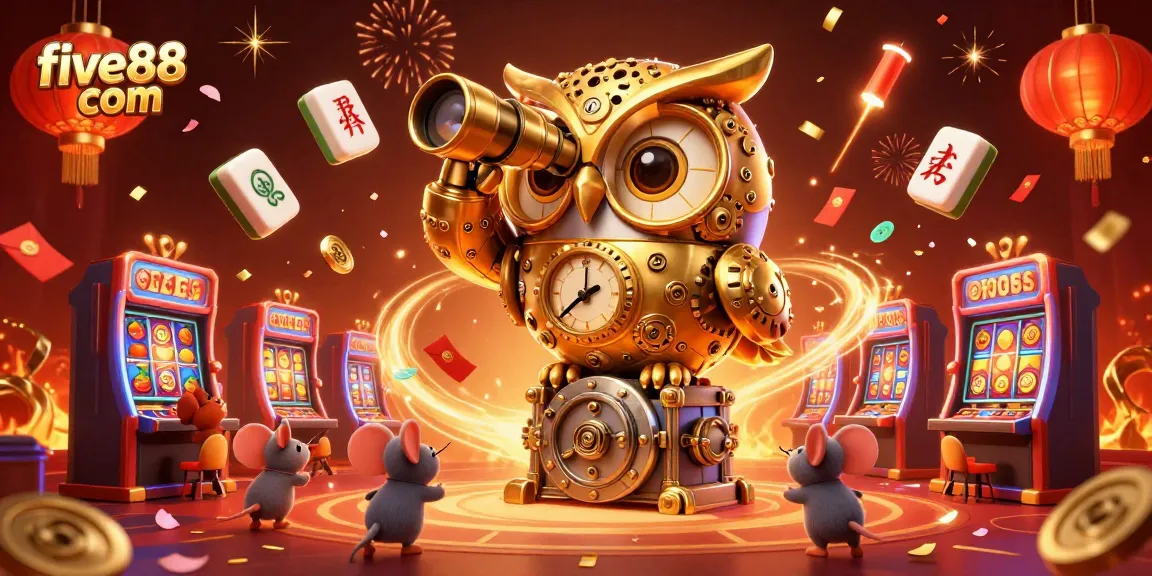 Experience the thrill of winning at five88 com with vivid slot machines and festive animations surrounding a whimsical owl and mice patrons.