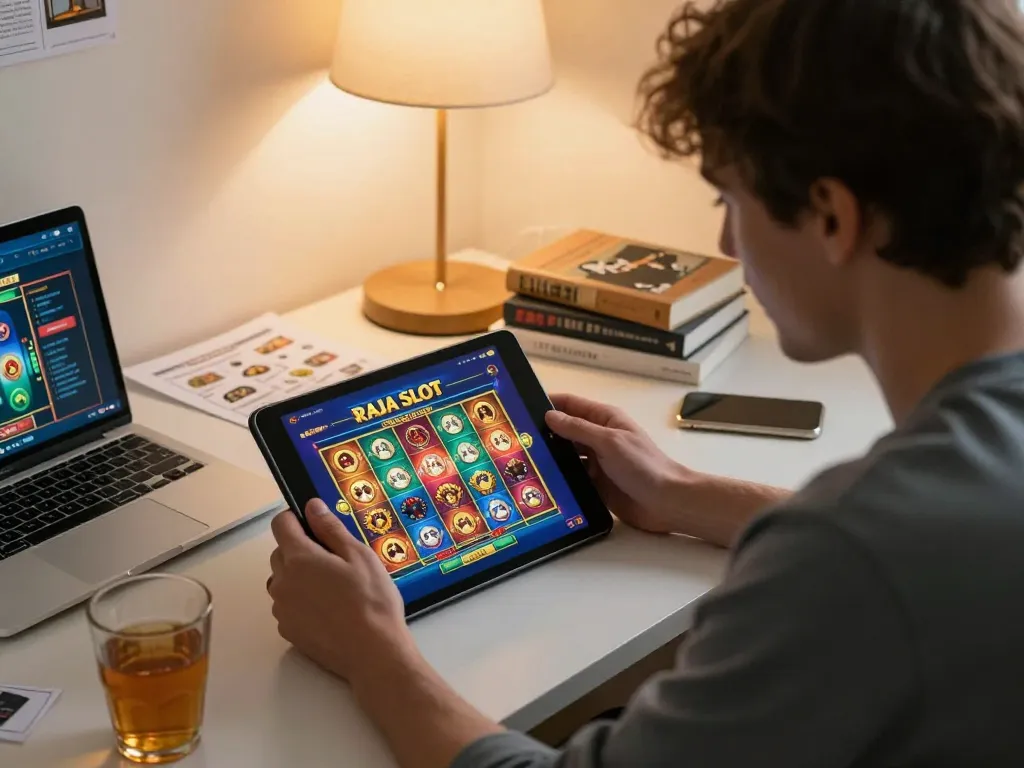 Engaged player navigating the RAJA SLOT interface on their tablet at home, enhancing strategic gameplay.