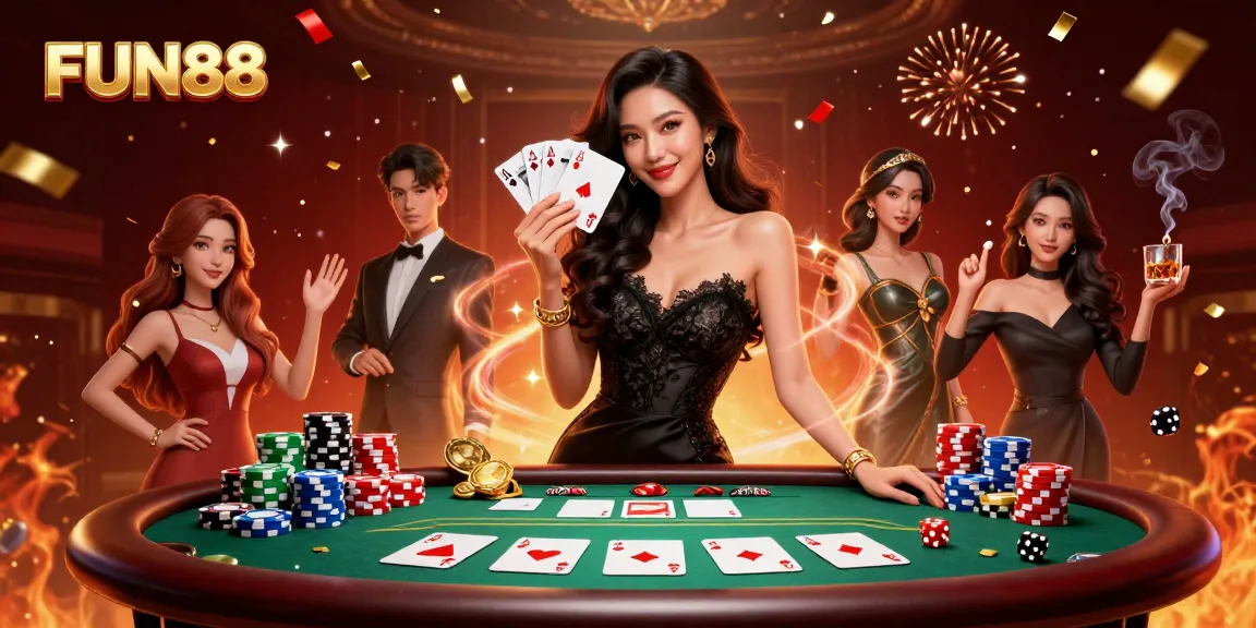 Play exciting casino games with FUN88 amidst a vibrant, luxurious atmosphere full of action.