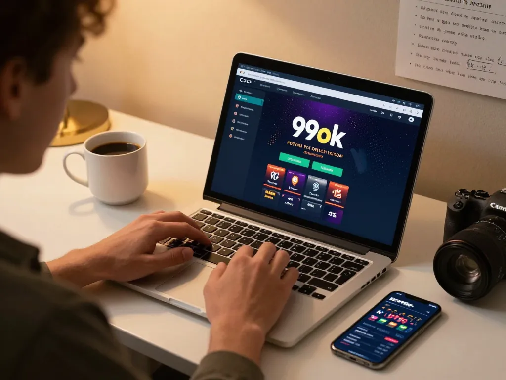 Engaging moment at 99ok online casino with a player actively betting on their laptop.