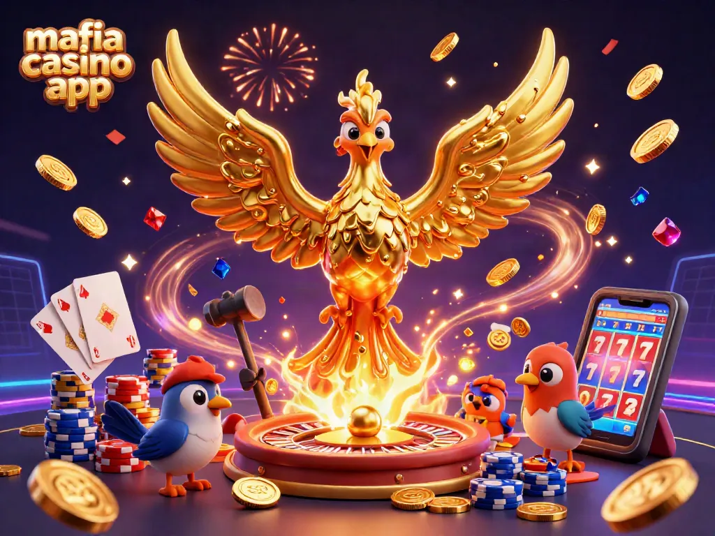 Spin and win with the mafia casino app, featuring vibrant 3D characters and casino elements.