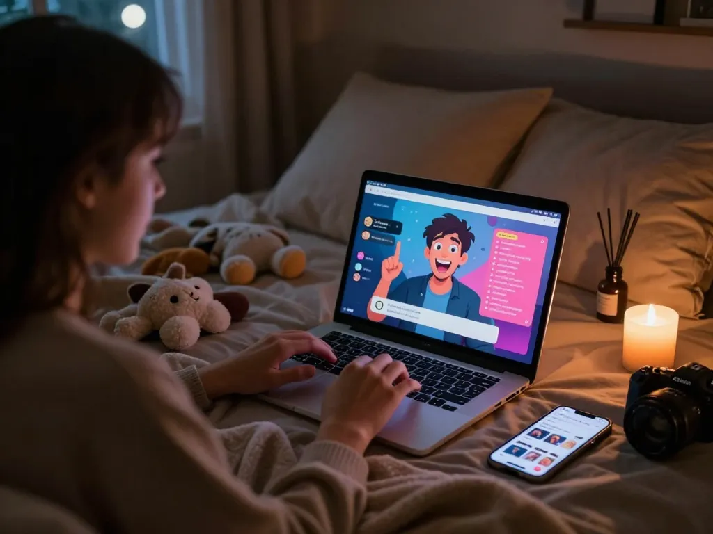 Engaging character AI NSFW chat in a cozy bedroom setting, vibrant interface and intimate atmosphere.