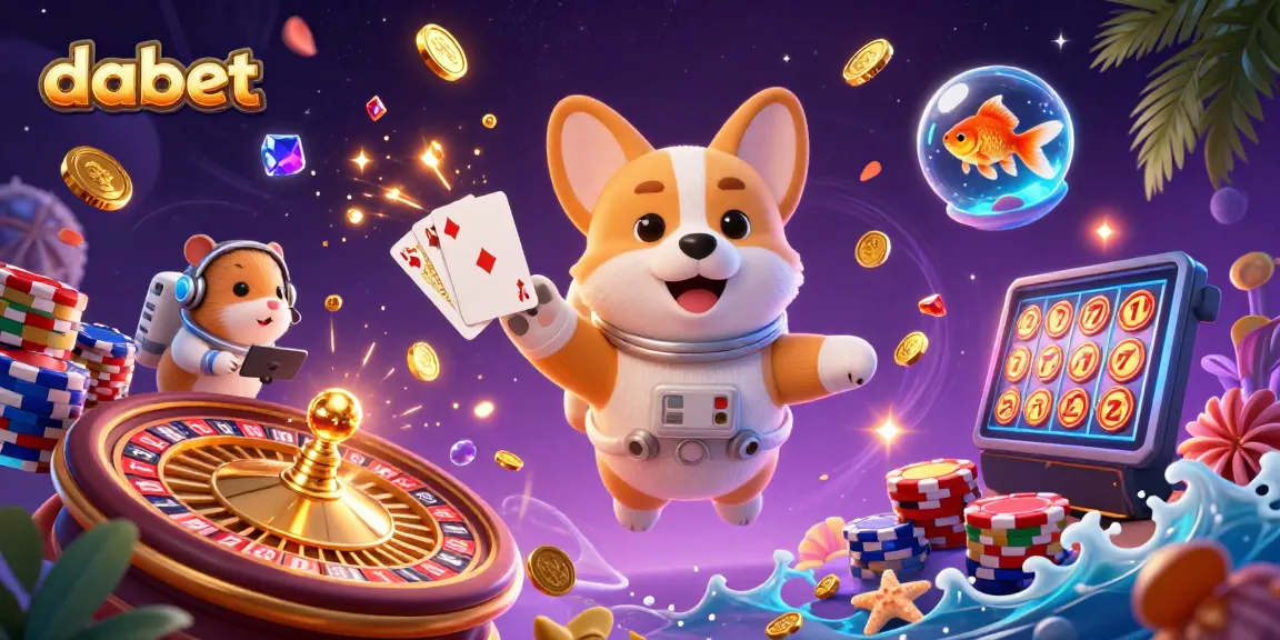 Dabet casino features playful 3D astronaut corgi, hamster, and goldfish amidst floating poker chips and coins