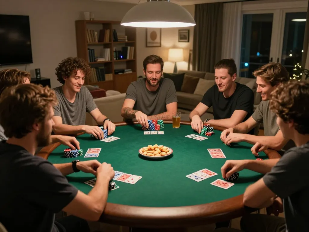 Friends enjoying a lively poker game at home, f168 gaming atmosphere with laughter and strategy.
