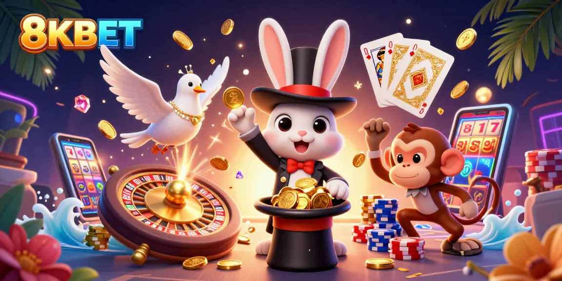 Experience captivating 8KBET casino action with a magician rabbit and colorful characters.