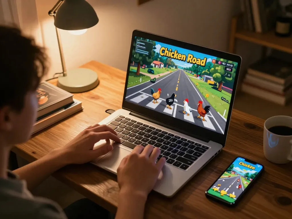 Scena coinvolgente di giocatori online che si divertono con il gameplay di Chicken Road recensioni su laptop con smartphone, ambiente domestico accogliente.