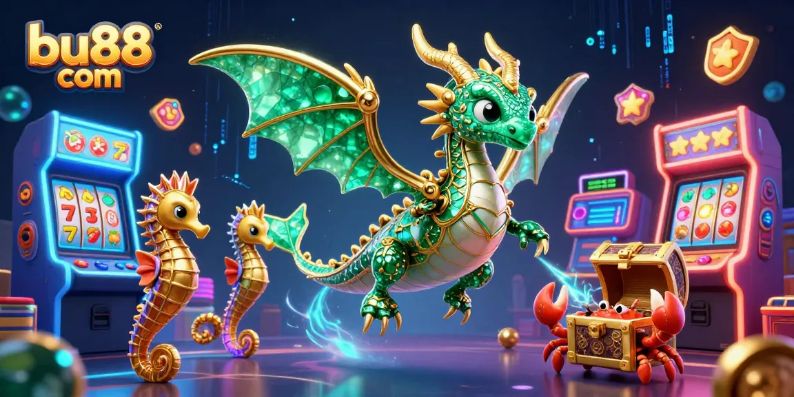 Experience the magic of bu88 com with this vibrant 3D illustration featuring a sea dragon and arcade games!