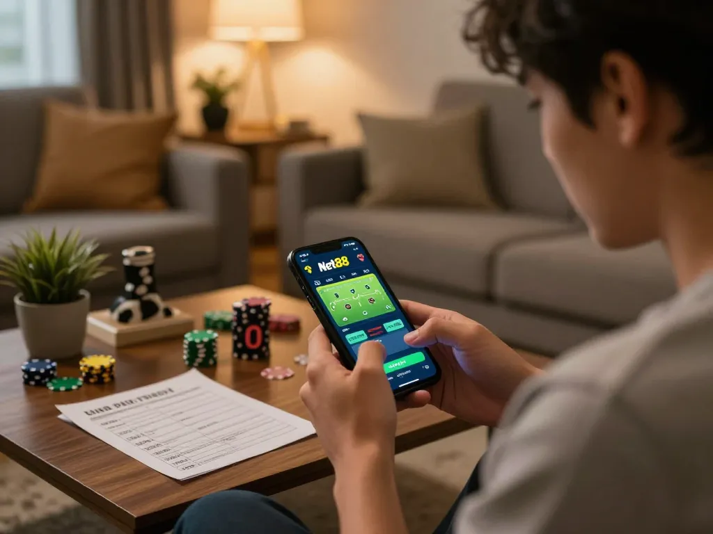 Engaging sports betting moment using the Net88 app on a smartphone at home, illustrating strategic gameplay.