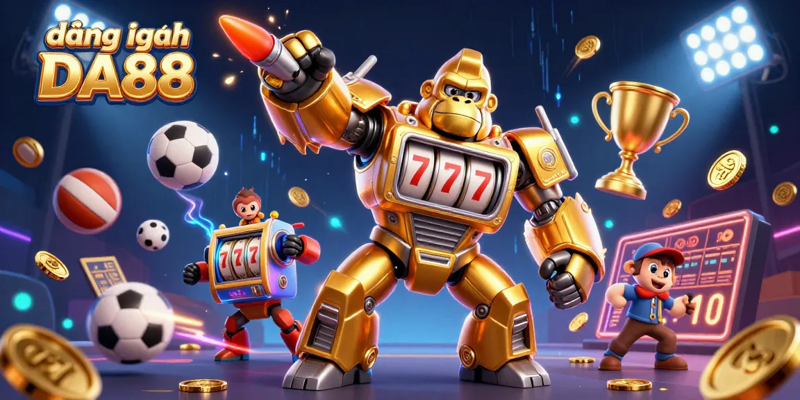 Engage with đăng nhập DA88 for thrilling gambling action featuring a golden gorilla mech amid dynamic sports elements.