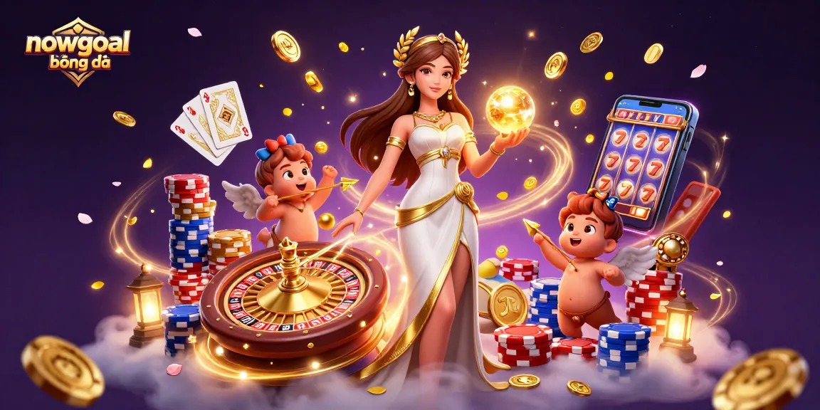 Bet on nowgoal bóng đá with vibrant casino elements and a dynamic illustration featuring a Grecian goddess.