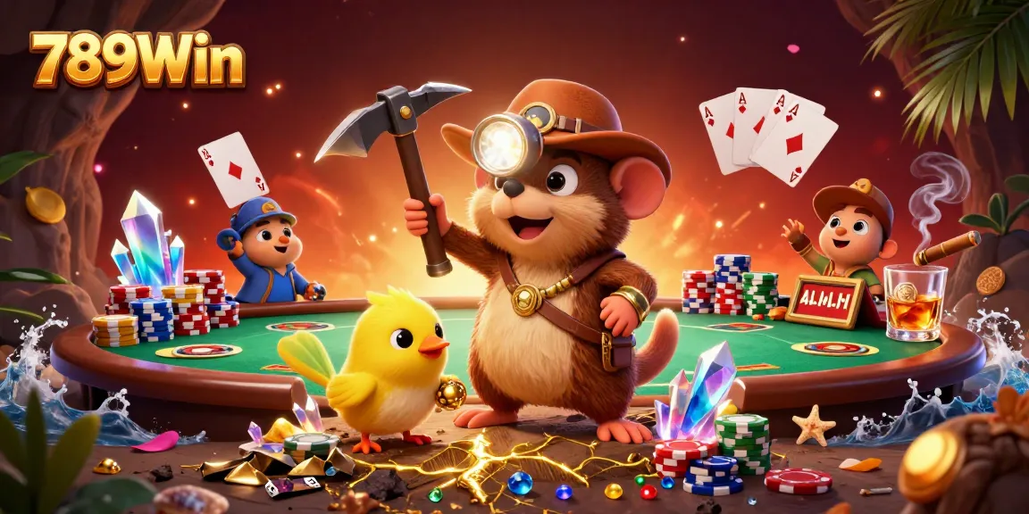 Join the thrilling adventure with 789Win's treasure hunter in a vibrant gambling scene.