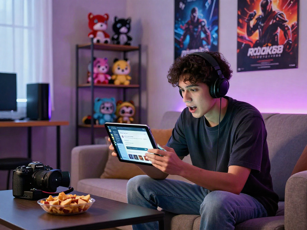 Engaged young adult exploring rokok88 daftar gaming platform in a vibrant urban living room.