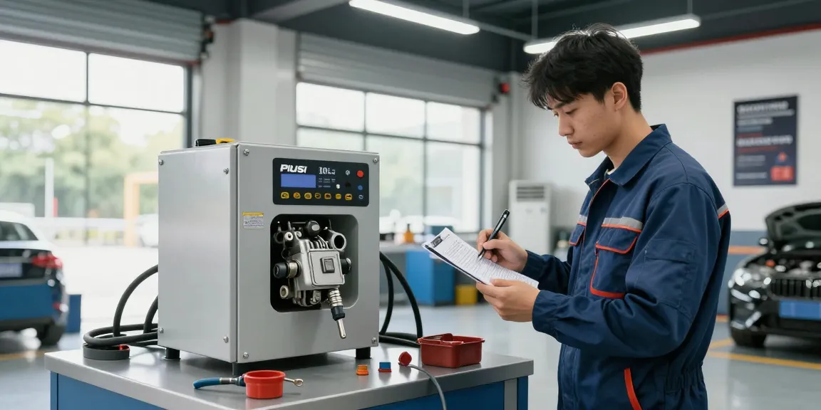 Tecnico che utilizza sistemi di trasferimento carburante Piusi in un garage moderno.