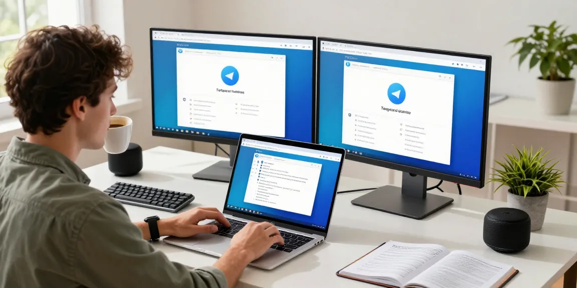 Using the Telegram web version on a modern laptop in a bright workspace.