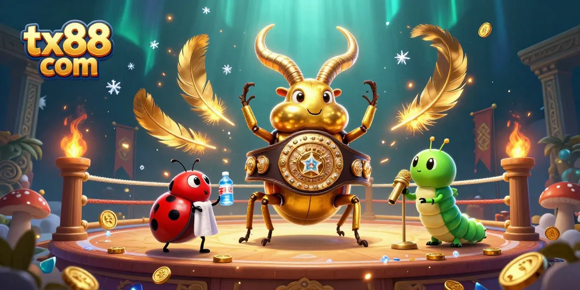 Engage in thrilling action at tx88 com with a dynamic scene of a boxing stag beetle and ladybug in a vibrant casino setting.