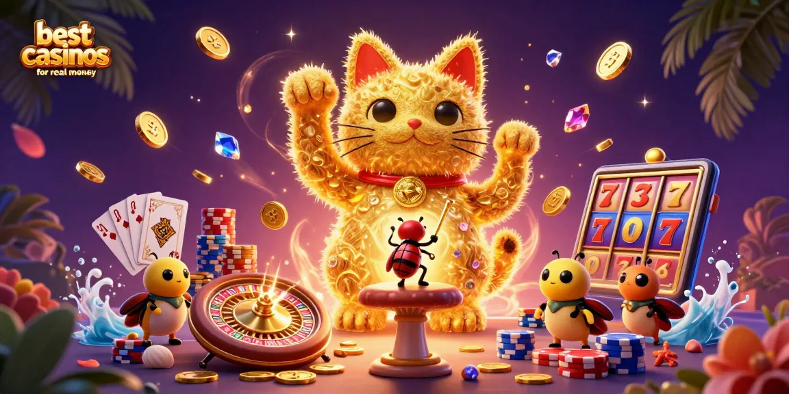 Witness the best online casinos for real money with a dynamic 3D illustration of a lucky cat formed by golden fireflies.
