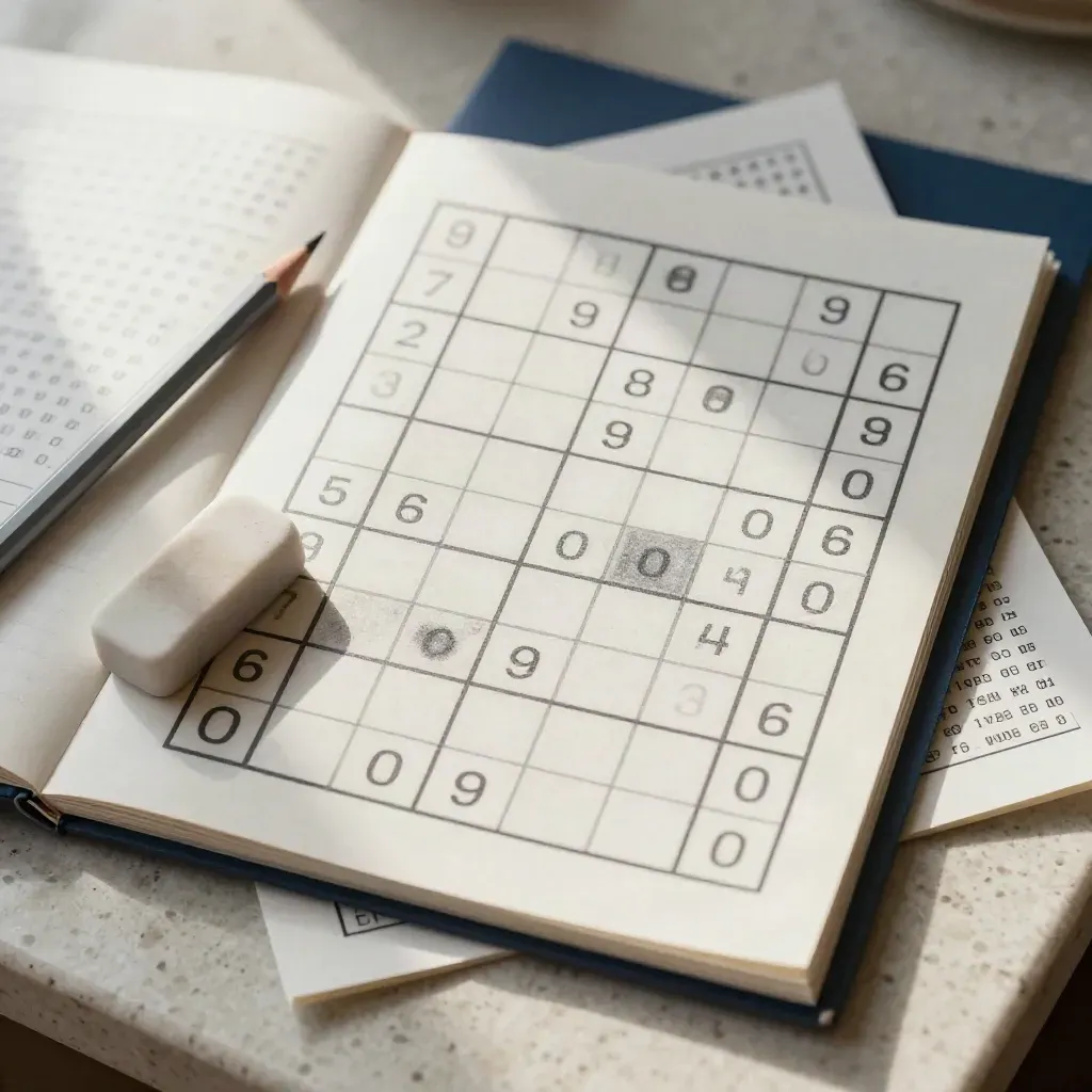 Sudoku su carta spessa con matita, gomma e fogli sparsi su un piano in travertino chiaro