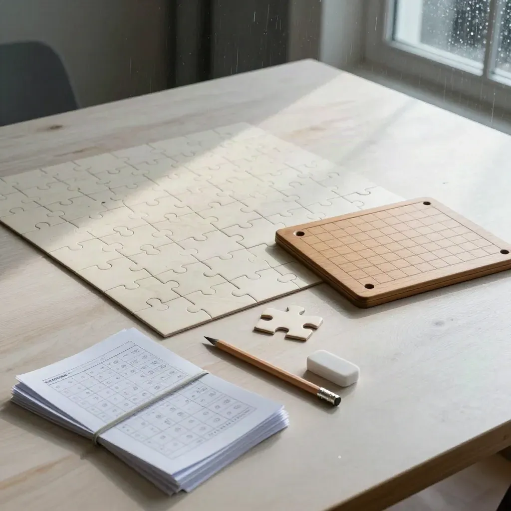 Tavolo in betulla con puzzle jigsaw, griglia logica e schede stampate alla luce di pioggia mattutina.