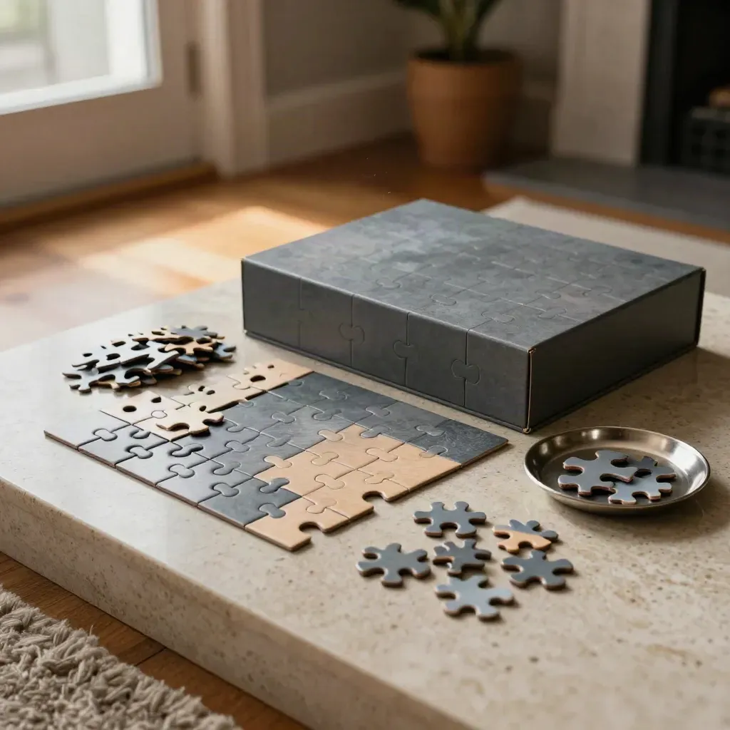 Scatola di jigsaw aperta con pezzi separati e vassoio metallico su un tappeto, luce invernale.