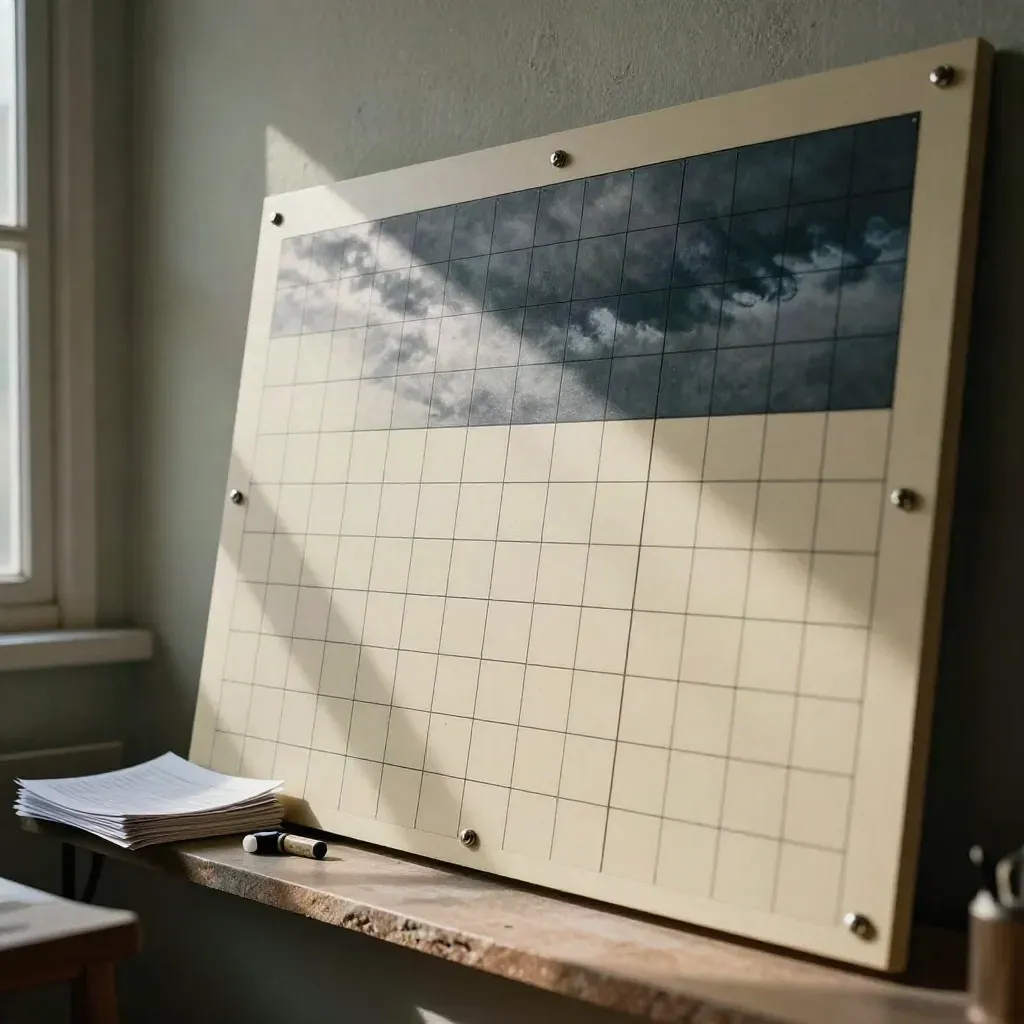 Griglia logica su pannello, fogli piegati e luce drammatica in uno studio buio