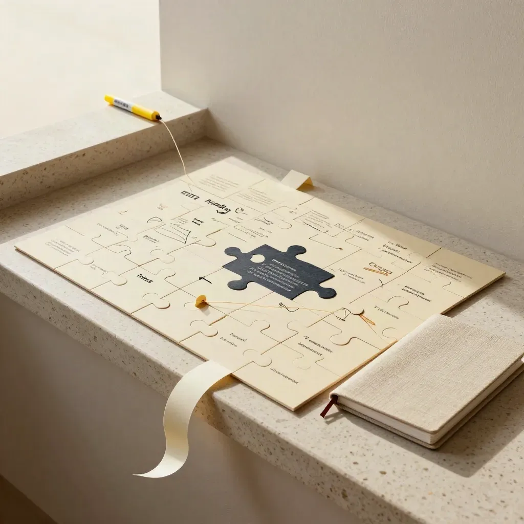 Mappa concettuale di puzzle logici con tessere, fili di carta e quaderno chiuso su ledge chiaro