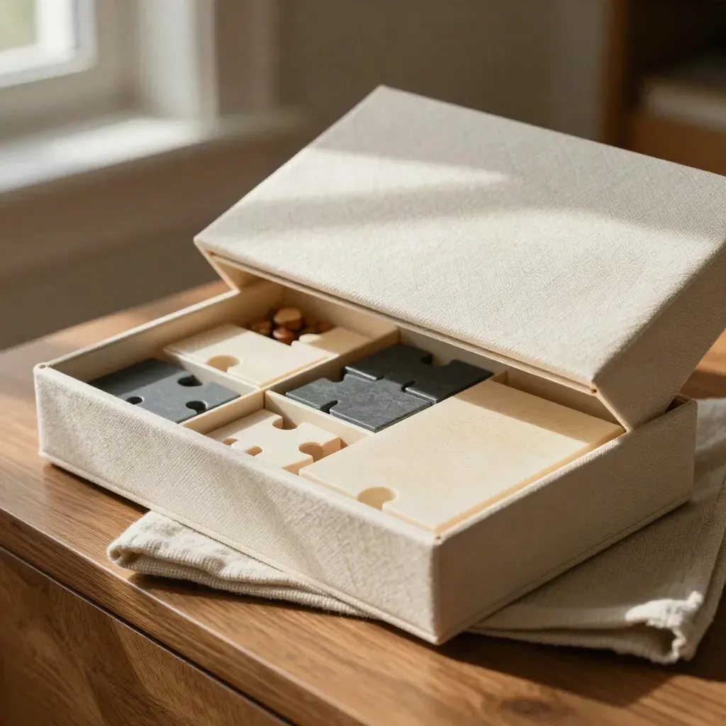 Kit di logica aperto con divisori, tessere, gettoni e campione di carta, luce calda di finestra.