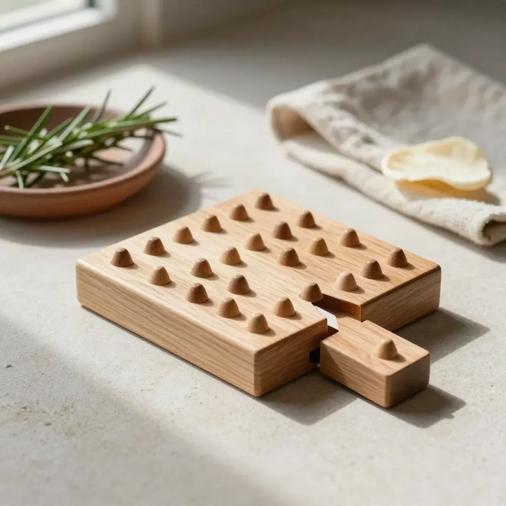 Puzzle logico in legno con rosmarino, lino e ciotola rustica su pietra chiara.