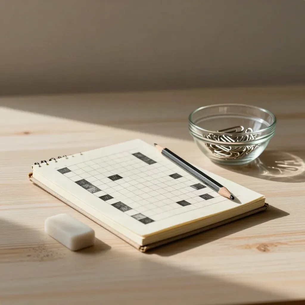 Quaderno di cruciverba, gomma, matita corta e ciotola di clip su legno chiaro.