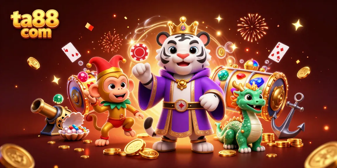 Win big at ta88 com with an exciting illustration of a white tiger, poker chips, and slot reels.