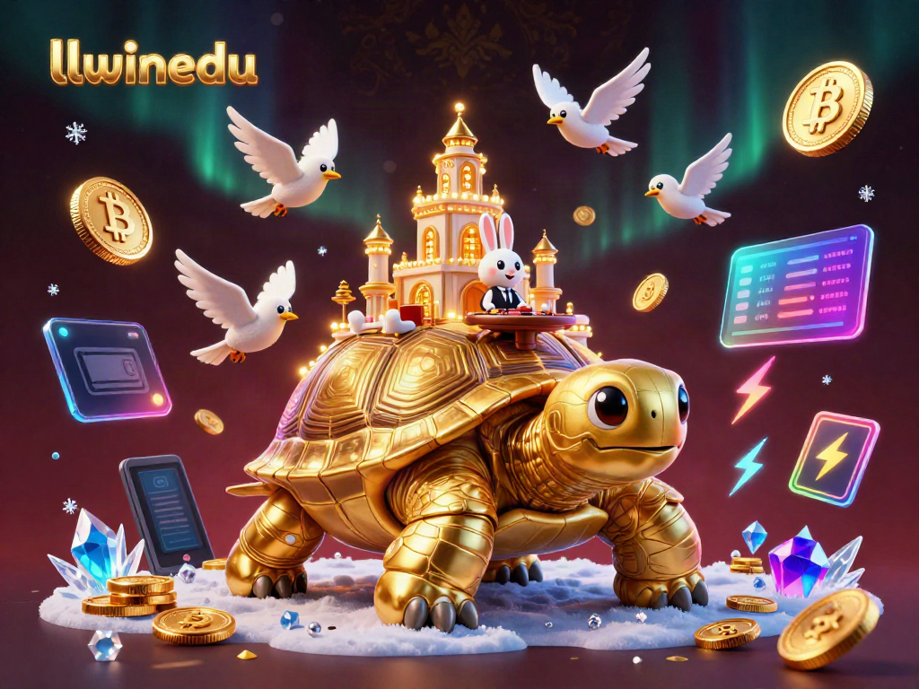 Win with llwinedu at the casino featuring a golden tortoise, rabbit dealer, and flying coins.