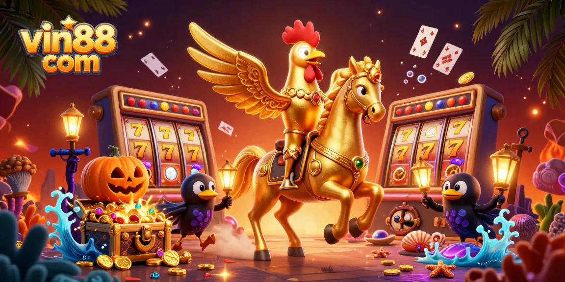 Engage in thrilling action at vin88 com with a vibrant 3D gaming scene featuring a golden rooster and exciting casino elements.