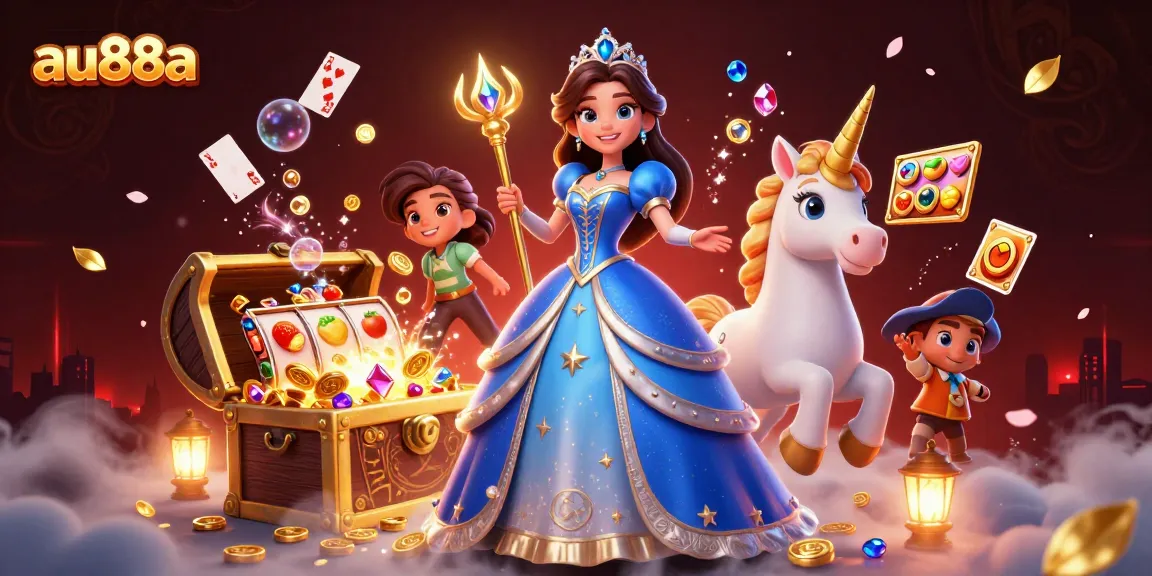 Experience winning moments with au88a in a vibrant casino-themed illustration filled with slots and magical elements.