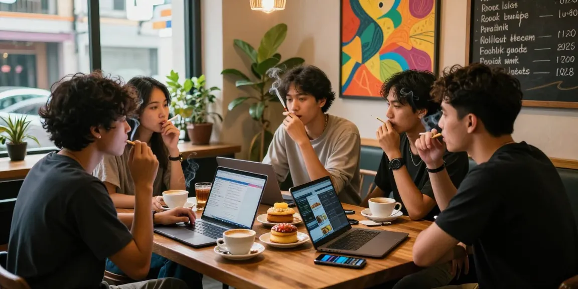 A group discussing rokok 88 trends at a trendy café.