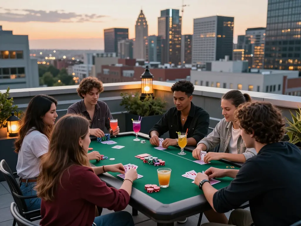 Players strategizing their moves in a poker game featuring top 10 game bài in an exciting rooftop setting