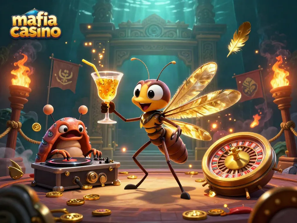 Engage with mafia casino excitement in this vibrant 3D scene featuring a unique mascot and dynamic elements.